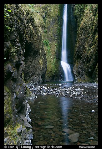 Oneonta Falls at the end of Oneonta Gorge. Columbia River Gorge, Oregon, USA (color)