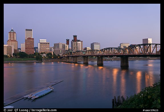 Williamette River and Portland skyline at night. Portland, Oregon, USA