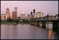 Skyline and Hawthorne Bridge, dawn. Portland, Oregon, USA