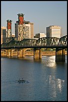 Double-oar rowboat and  Hawthorne Bridge. Portland, Oregon, USA ( color)