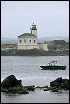 Small boat and Coquille River lighthouse. Bandon, Oregon, USA (color)