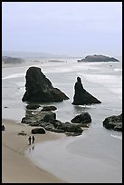 Beach with couple walking amongst sea stacks. Bandon, Oregon, USA