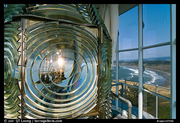 Light inside Cape Blanco Lighthouse tower and landscape. Oregon, USA