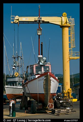 Fishing boats parked on deck, Port Orford. Oregon, USA (color)