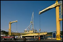 Hoists and fishing boats, Port Orford. Oregon, USA (color)