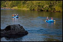 Two Rafts passing boulder, McKenzie river. Oregon, USA ( color)