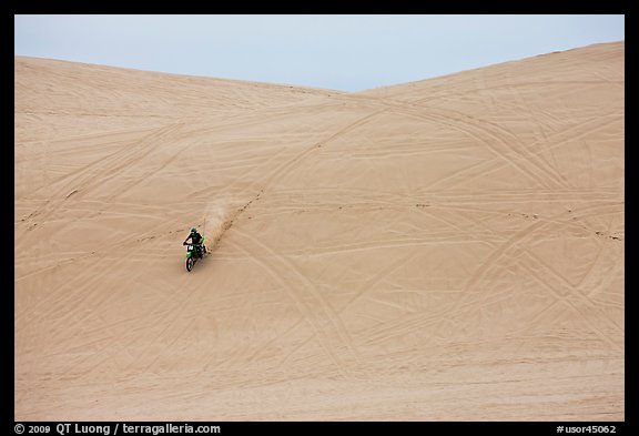Motorcyle down dune, Oregon Dunes National Recreation Area. Oregon, USA (color)