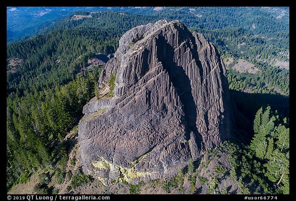 Aerial view of Pilot Rock with columnar basalt. Cascade Siskiyou National Monument, Oregon, USA (color)