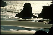 Rocks, water reflections, and beach, late afternoon. Bandon, Oregon, USA (color)
