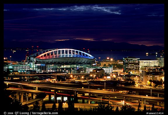 Qwest Field stadium and freeways at night. Seattle, Washington
