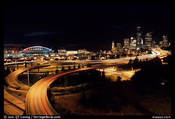 Freeway, stadium, and skyline at night. Seattle, Washington