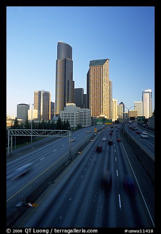 Freeway and downtown skyline, early morning. Seattle, Washington