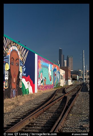 Railroad, mural, and high-rise towers. Seattle, Washington (color)