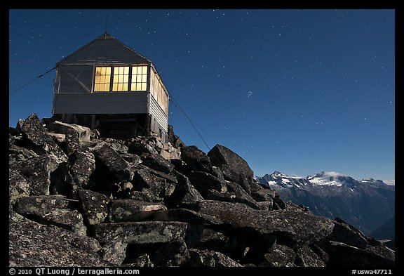 Lookout at night and mountain range, Mount Baker Glacier Snoqualmie National Forest. Washington