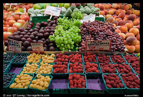Display of fresh fruit, Pike Place Market. Seattle, Washington (color)