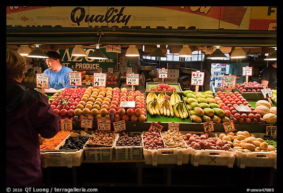Fruit and vegetable stall, Pike Place Market. Seattle, Washington (color)