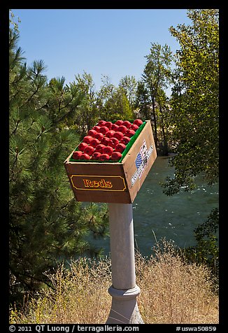 Sculpture of red apples box, Cashmere. Washington (color)