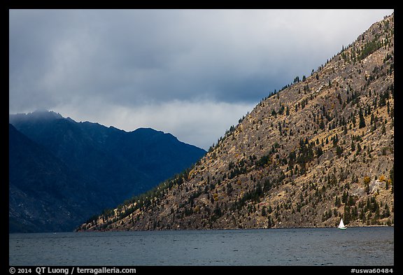 Sailboat, approaching storm, Lake Chelan. Washington