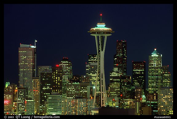 Seattle skyline at night with the Needle. Seattle, Washington (color)