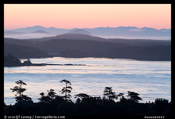 Lopez Island and mainland mountains from Cattle Point, San Juan Island. Washington