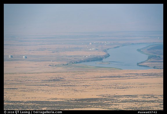Distant Columbia River and nuclear reactors, Hanford Reach. Washington