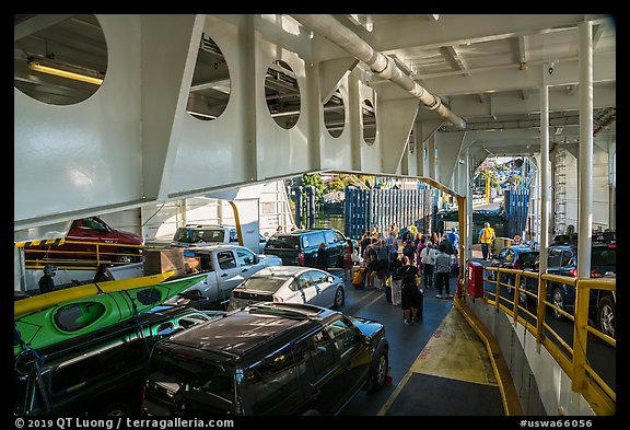 Cars and passengers preparing to disembark from ferry to San Juan Island. Washington (color)
