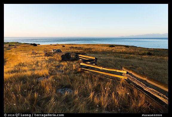 Wooden fence, Cattle Point, Sunrise, San Juan Islands National Monument, San Juan Island. Washington