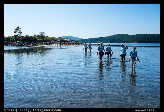 Tourists walking back from Indian Island, San Juan Islands National Monument, Orcas Island. Washington