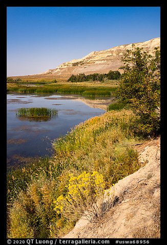 Bluffs reflected in Columbia River channel east of Savage Island, Hanford Reach National Monument. Washington (color)