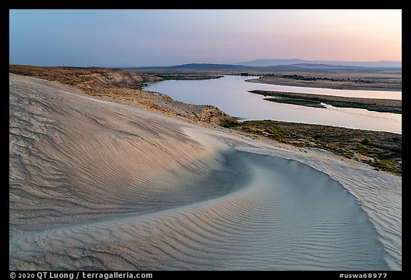 Sand dunes and Columbia River, and Locke Island at sunset, Hanford Reach National Monument. Washington