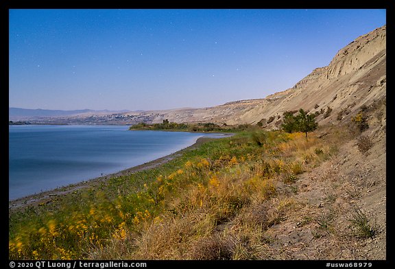 White Bluffs and Columbia River by moonlight, Hanford Reach National Monument. Washington (color)