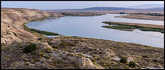 White Bluffs, Locke Island, and Columbia River, twilight, Hanford Reach National Monument. Washington (Panoramic color)