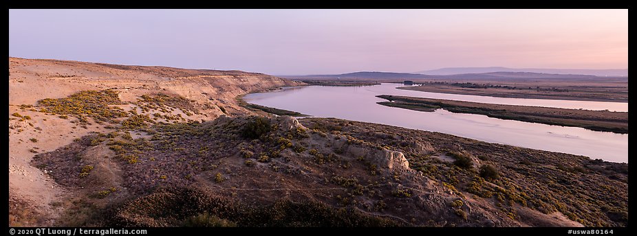 White Bluffs, Locke Island, and Columbia River, twilight, Hanford Reach National Monument. Washington (color)