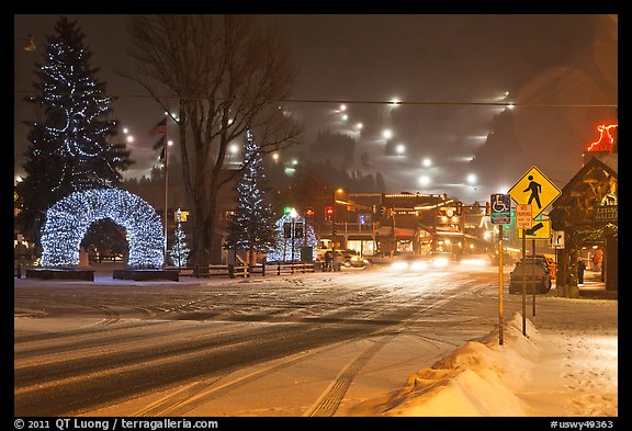 Street and town square with fresh snow by night. Jackson, Wyoming, USA