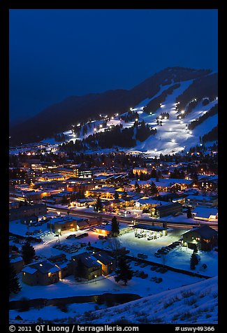 Town and Snow King ski hill from above at night. Jackson, Wyoming, USA