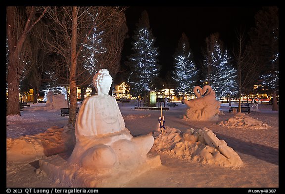 Ice sculptures on Town Square by night. Jackson, Wyoming, USA (color)