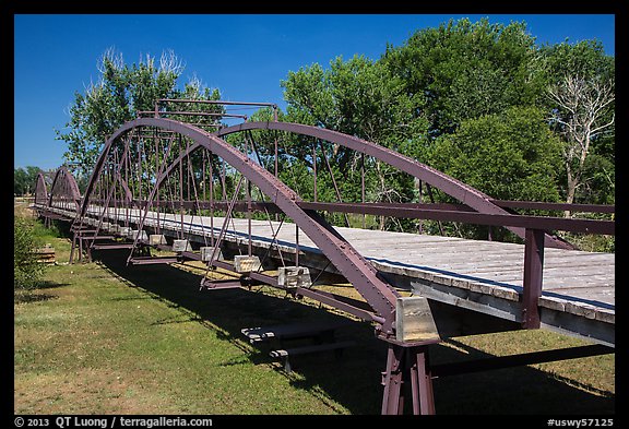 Three-span bowstring through truss bridge over the North Platte River. Fort Laramie National Historical Site, Wyoming, USA
