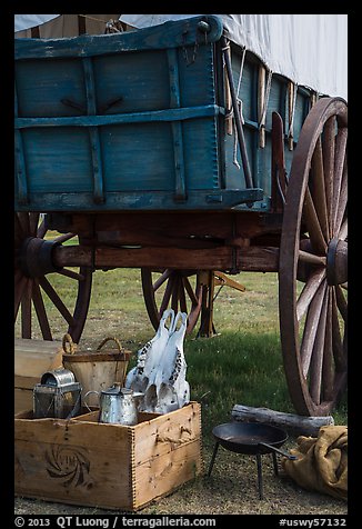 Pionneer wagon and camp gear. Fort Laramie National Historical Site, Wyoming, USA (color)
