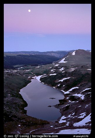 Lake and moon, dusk, Beartooth Range, Shoshone National Forest. Wyoming, USA