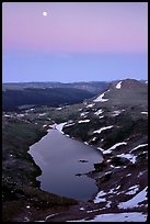 Lake and moon, dusk, Beartooth Range, Shoshone National Forest. Wyoming, USA