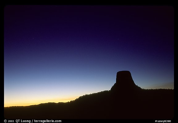 Profile of volcanic monolith at dusk,  Devils Tower National Monument. Wyoming, USA