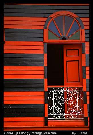 Window with red  shutters and striped walls,  Parc De Bombas, Ponce. Puerto Rico