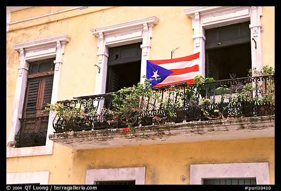 Balcony and flag of Puerto Rico. San Juan, Puerto Rico