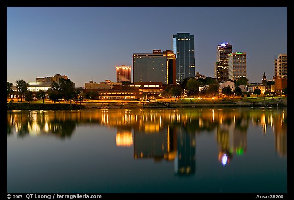 Skyline and Arkansas River at twilight. Little Rock, Arkansas, USA