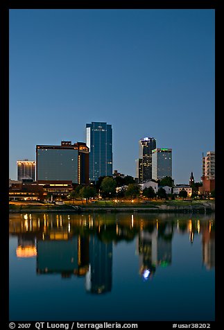 Downtown buidings and Arkansas River at twilight. Little Rock, Arkansas, USA