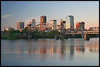 Skyline and bridge with reflections in river at sunrise. Little Rock, Arkansas, USA ( color)