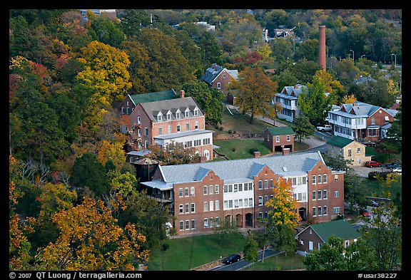 Historic buildings and smokestack from above. Hot Springs, Arkansas, USA (color)