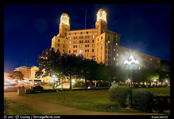 Historic hotel by night. Hot Springs, Arkansas, USA (color)