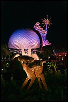 Bambi and Epcot sphere by night, Walt Disney World. Orlando, Florida, USA (color)