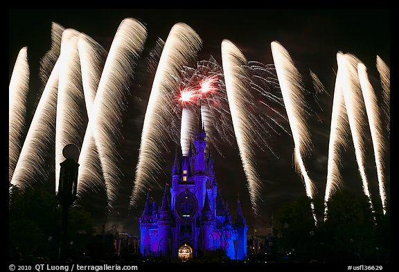 Cinderella Castle with fireworks. Orlando, Florida, USA (color)